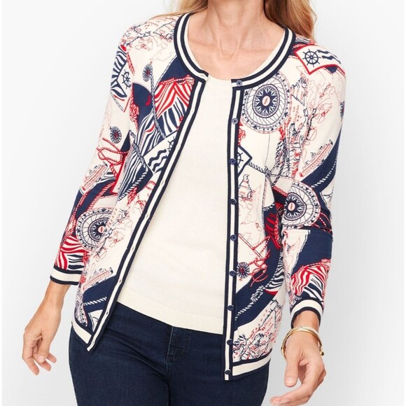 Talbots Sea Map Print Charming Cardigan Nautical Print Cardigan Size XS - Picture 1 of 9